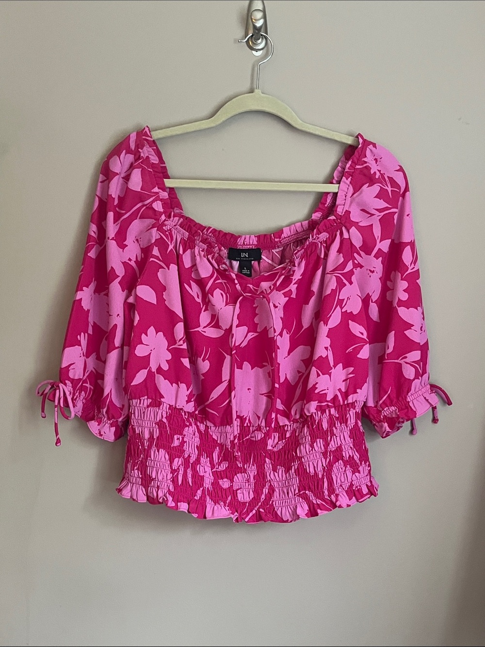 I.N. San Francisco Pink Floral Short Puff Sleeve Smocked Waist Blouse large